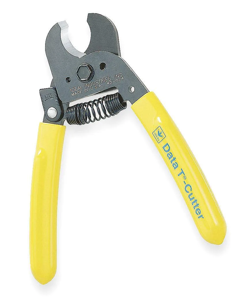Yellow-handled cable cutter with curved vinyl grips and flat cutting tip