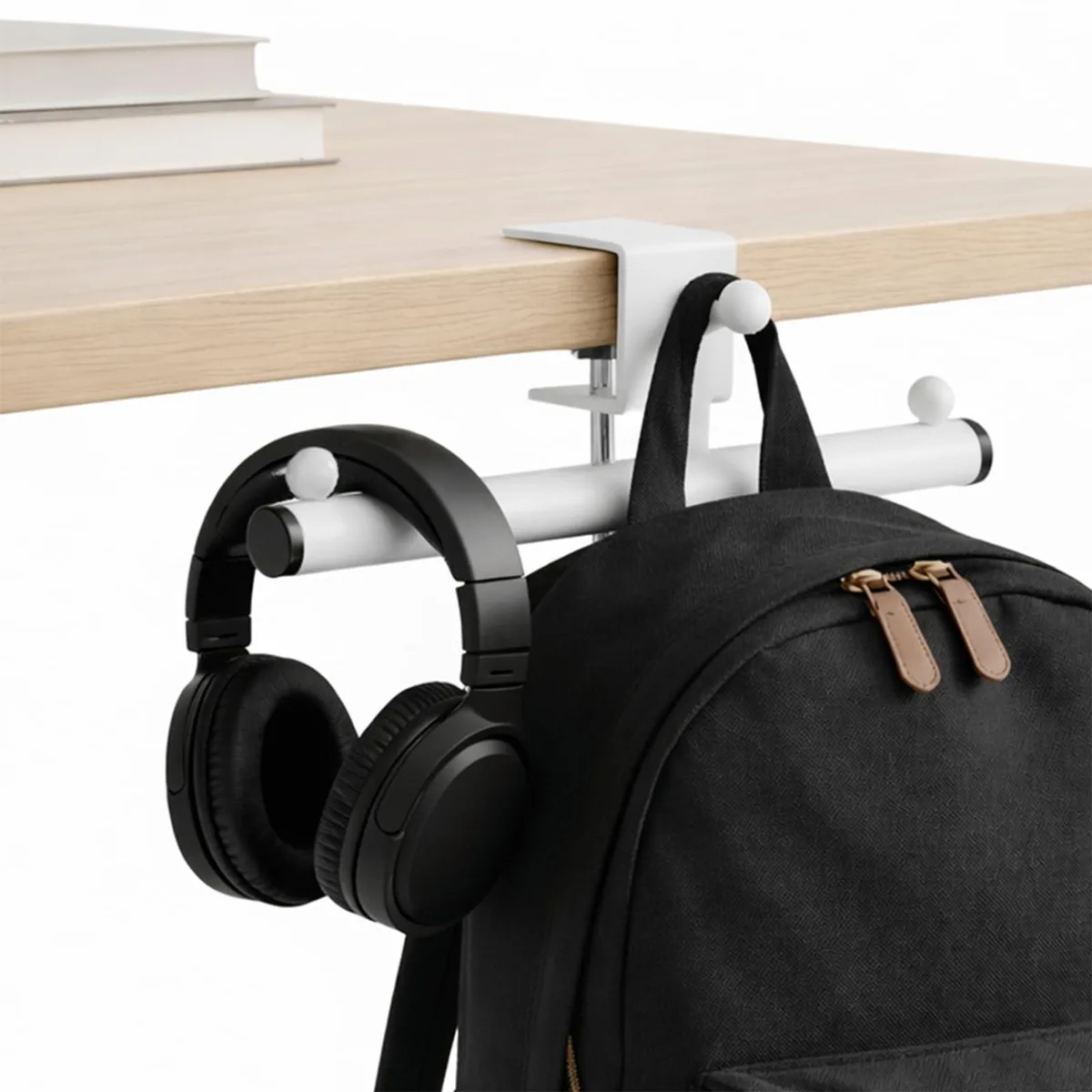 T-shaped metal desk hook with three prongs and an adjustable clamp knob, dark finish