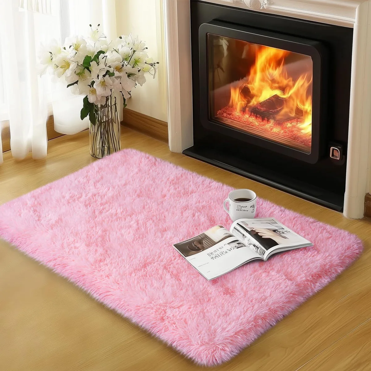 Small rectangular pink shag rug with deep plush pile and rubber-dot backing