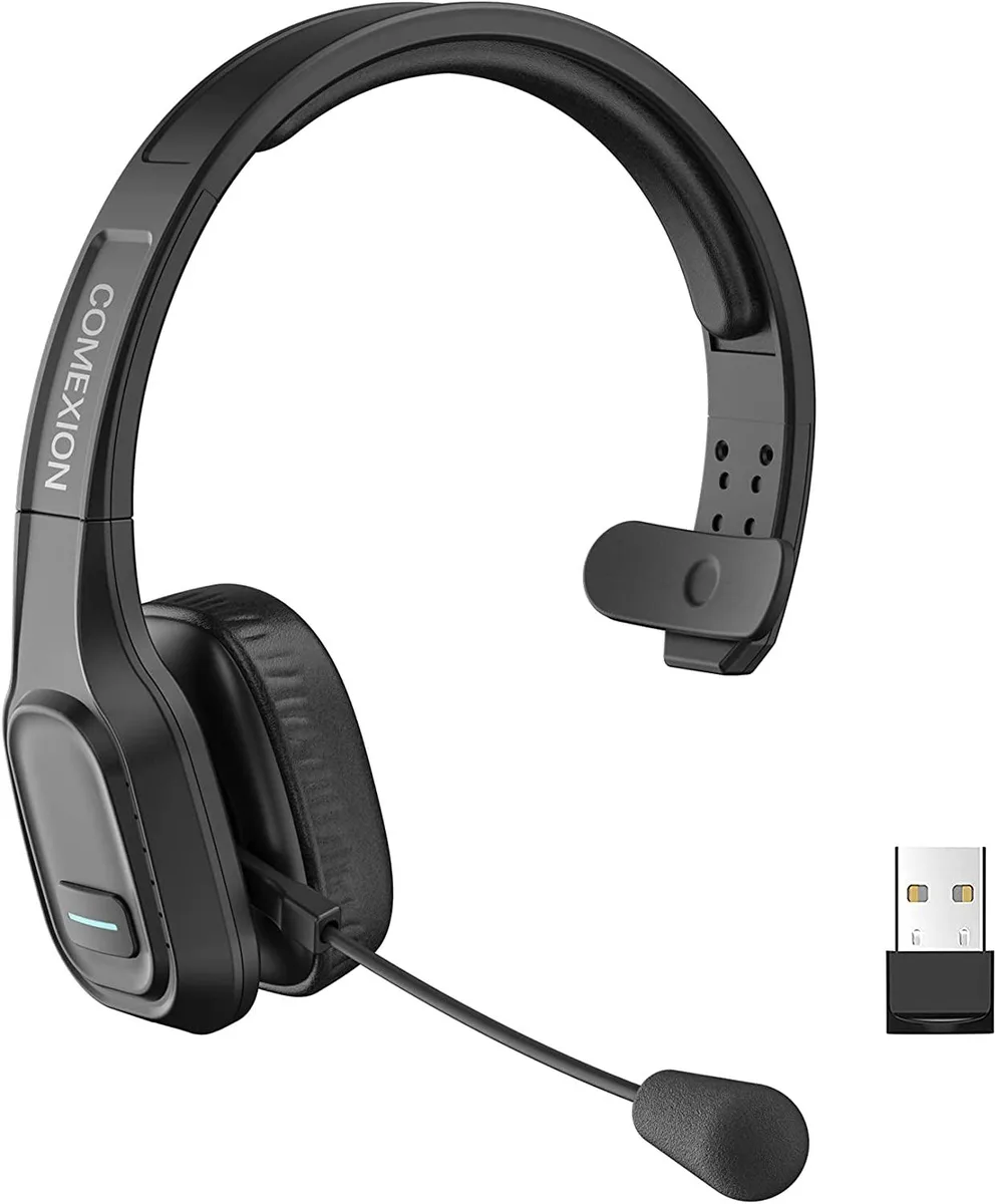 Over-ear Bluetooth headset with rotating ear cup, adjustable padded headband and boom microphone