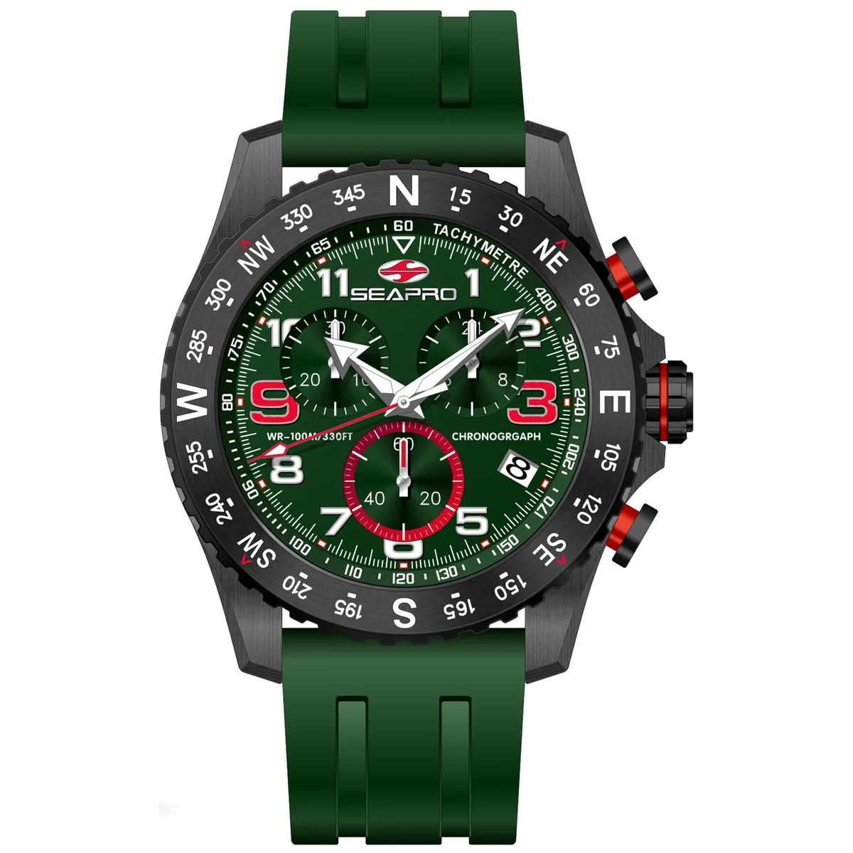 Stainless steel case watch with green dial and rubber strap