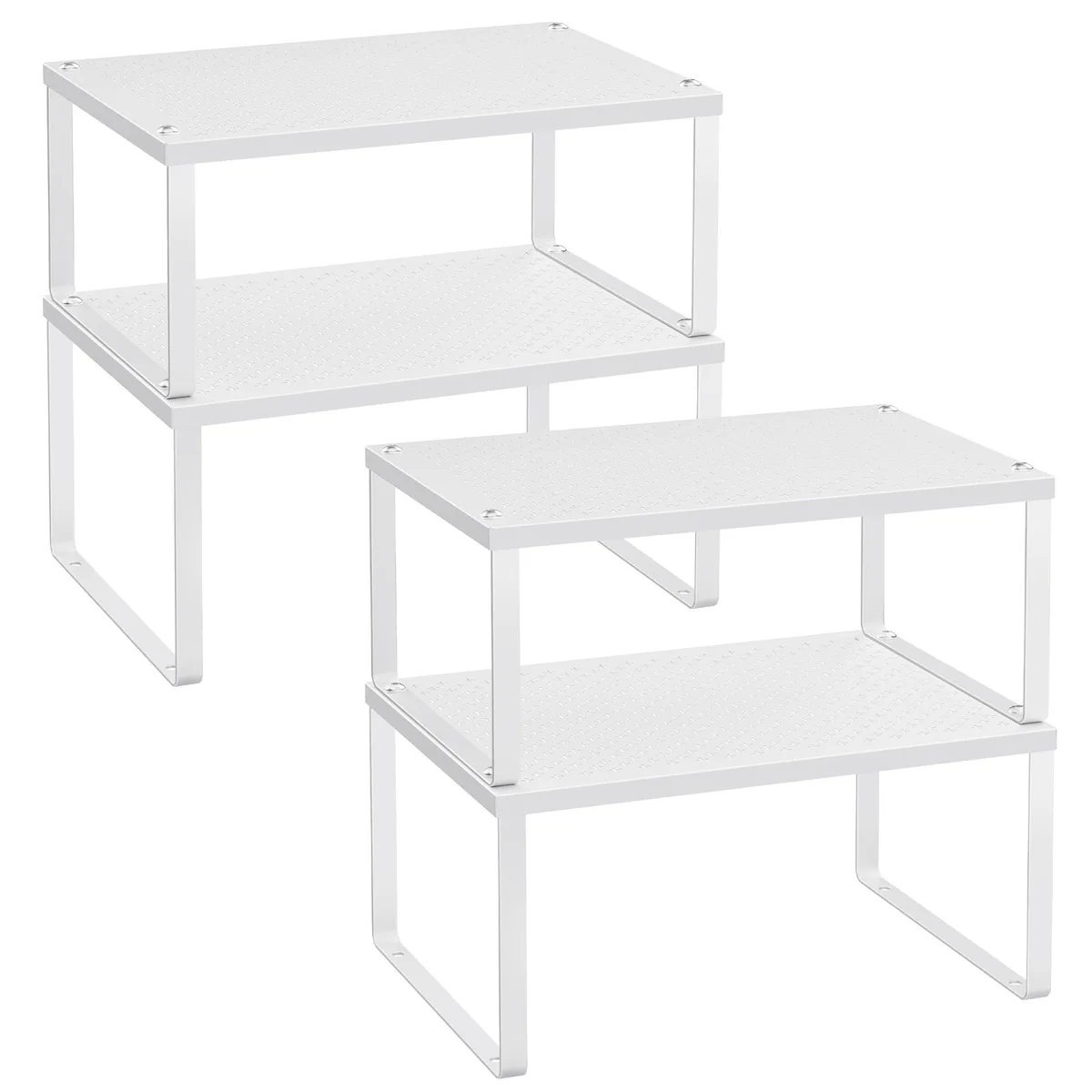Four white metal cabinet shelves with perforated design, two sizes nestable