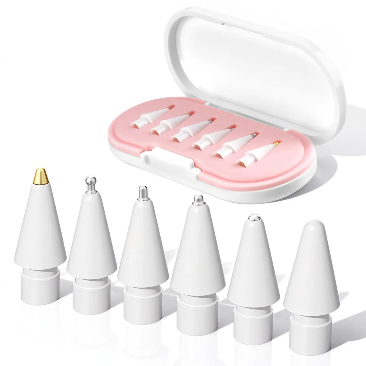 Six pink metal Apple Pencil tips in a case