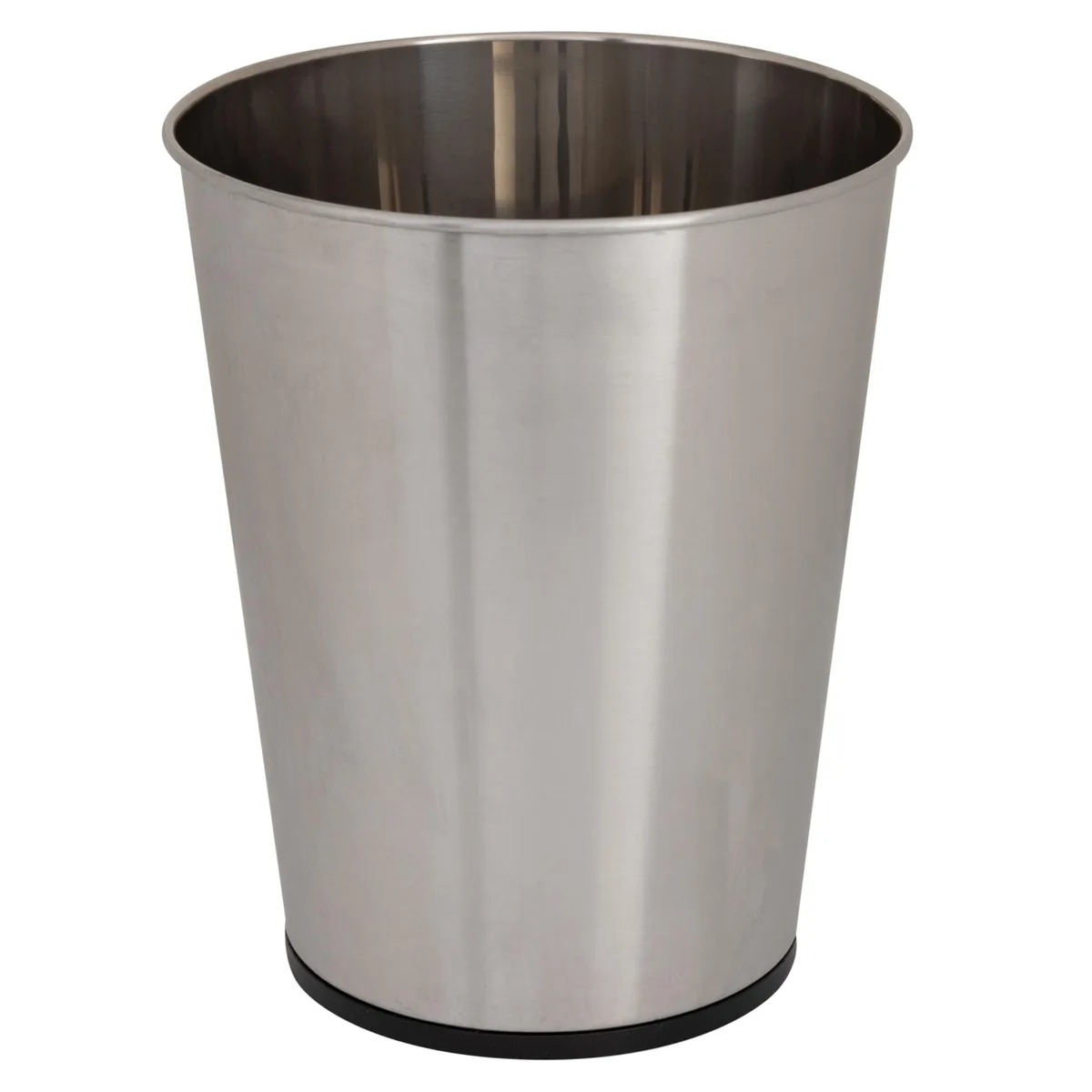 Round brushed stainless steel wastebasket, 7.68in diameter, open top