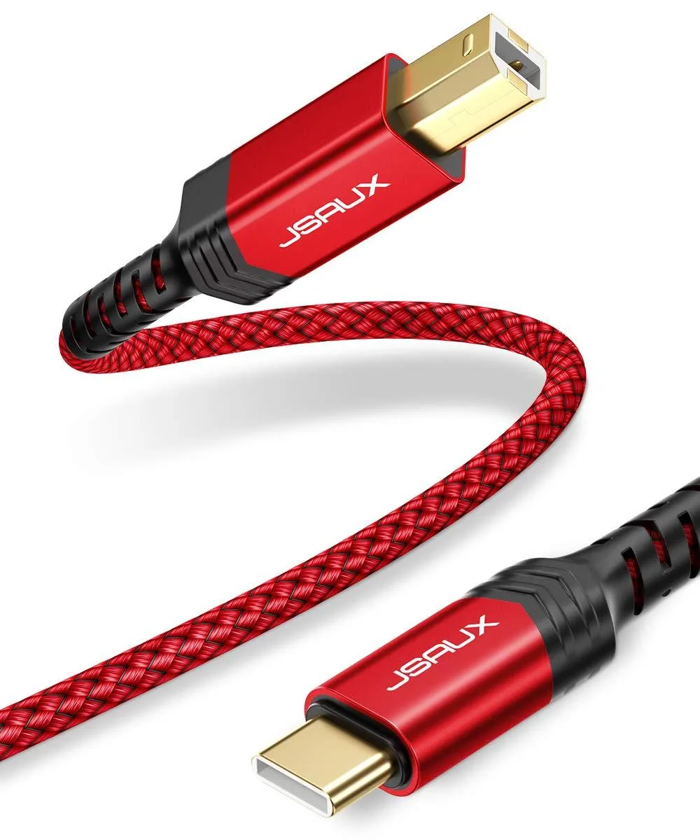 Red USB-C to USB-B printer cable, 10 ft, male-to-male connectors