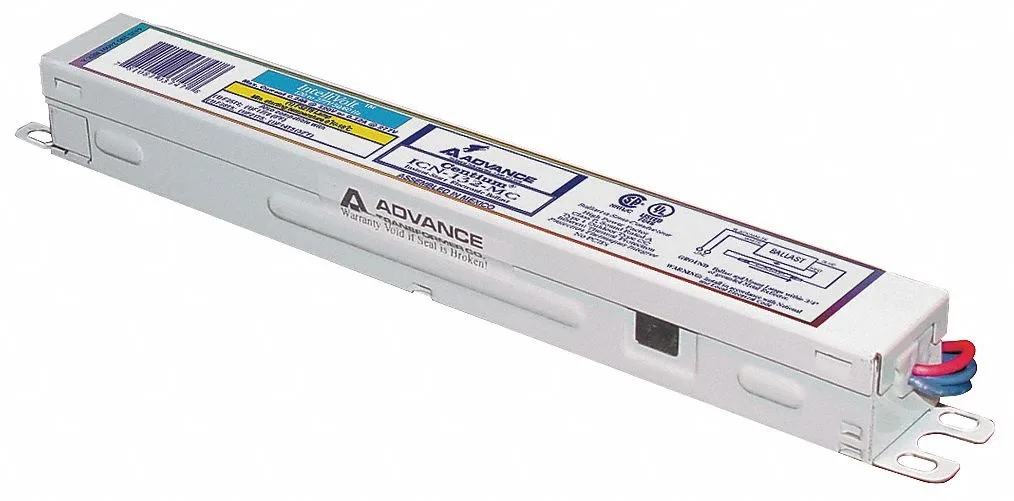 Rectangular white electronic ballast with wiring terminals