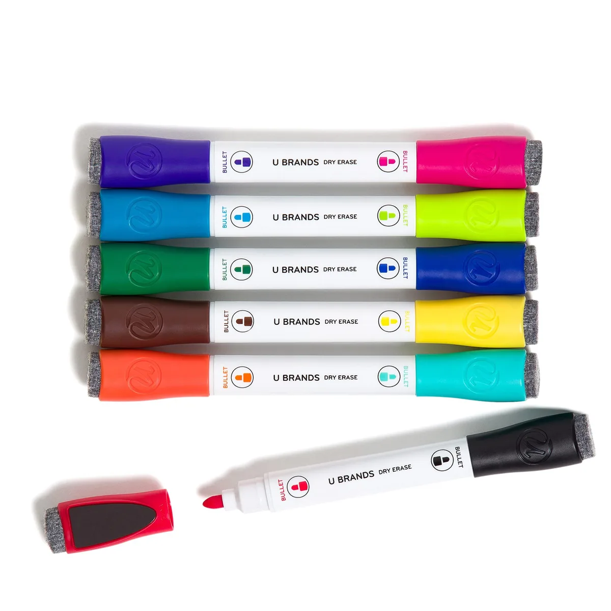 Six double-ended dry-erase markers with eraser caps in bright colours