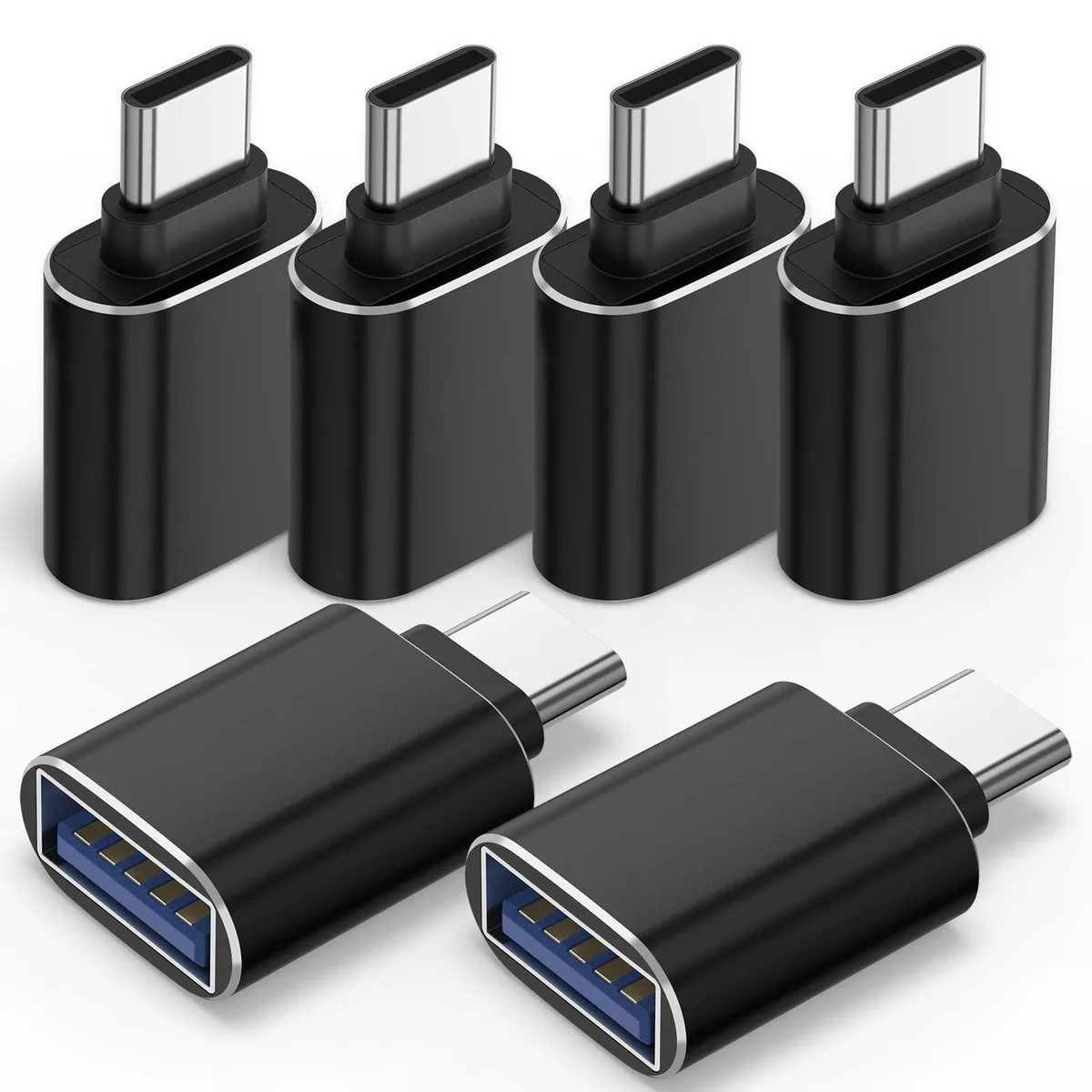 Six black USB-C male to USB-A female adapters in a pack