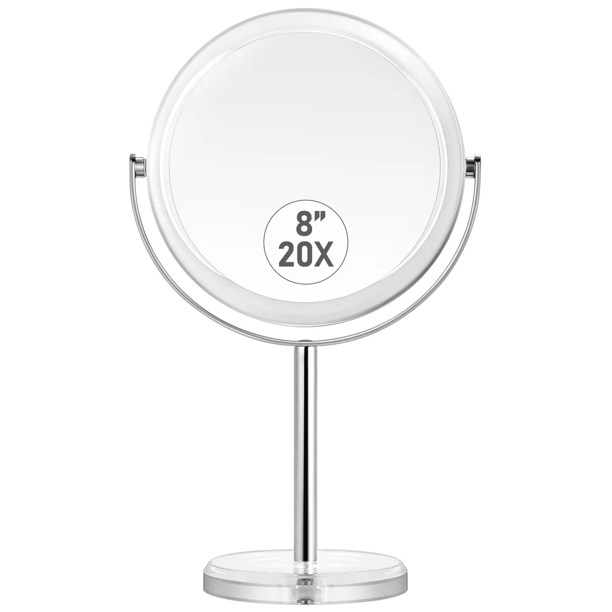 Round double-sided vanity mirror on a stand, glossy finish, 7.8 inch