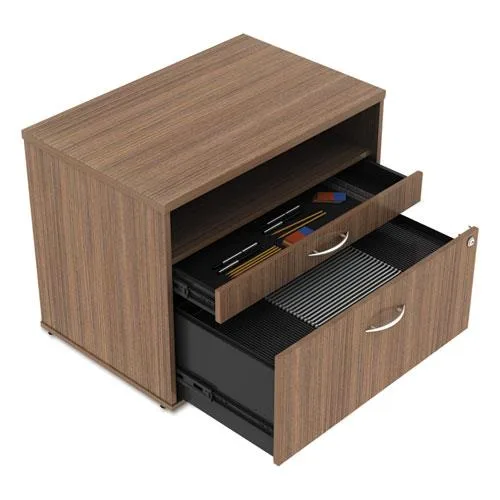 Low walnut file cabinet credenza, open shelves, rectangular shape