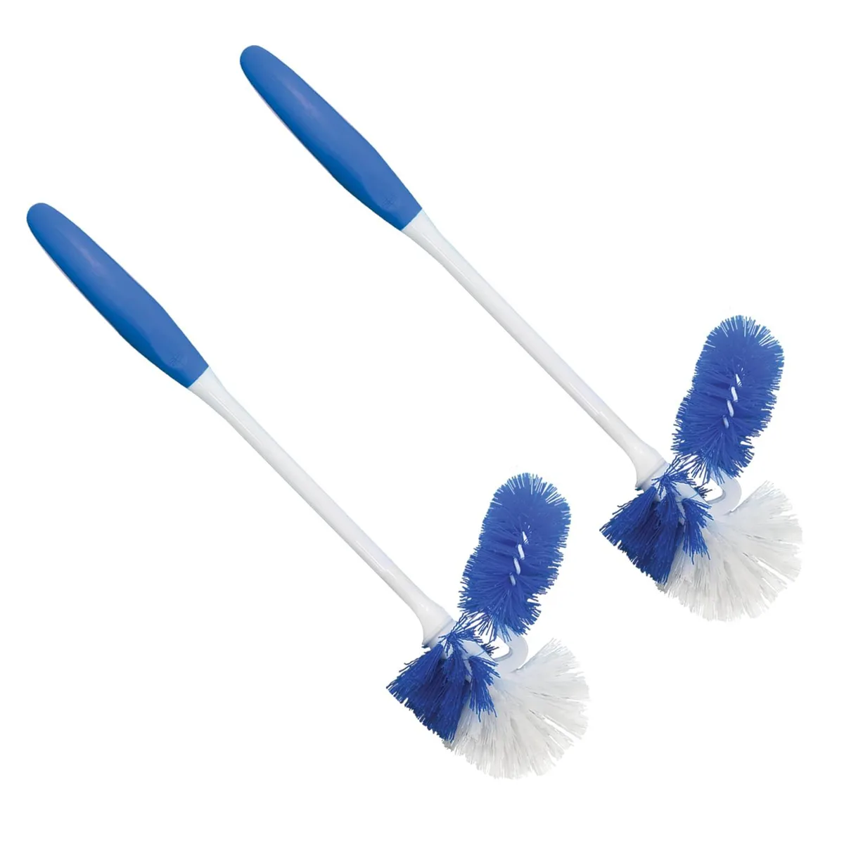 Two white toilet brushes with star-shaped heads and rubber-grip handles