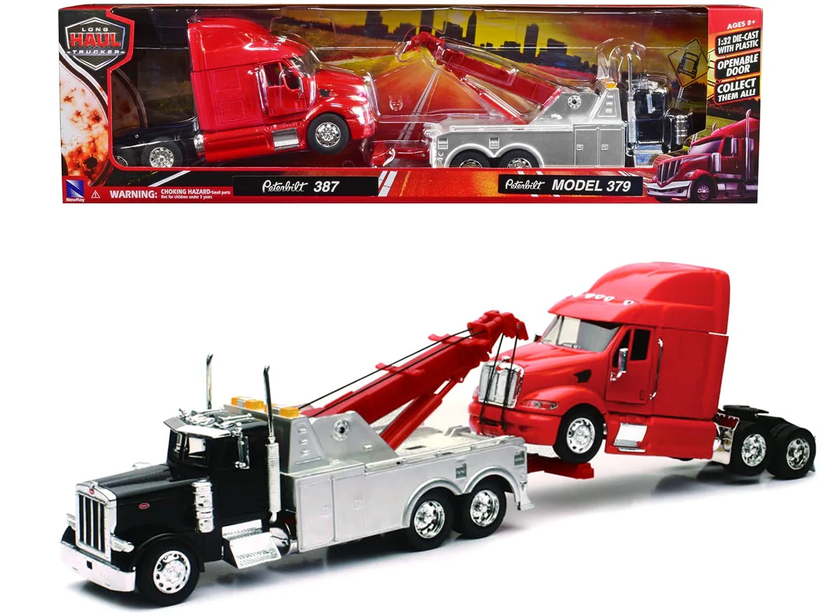 New Ray Toys New Ray Toys Peterbilt 379 Tow Truck Black &amp; 387 Tractor Red 1/32 Diecast Set — product photo