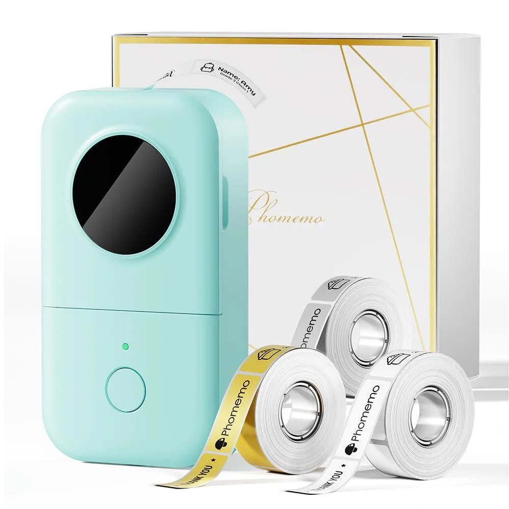 Compact white handheld label printer with three tape rolls visible