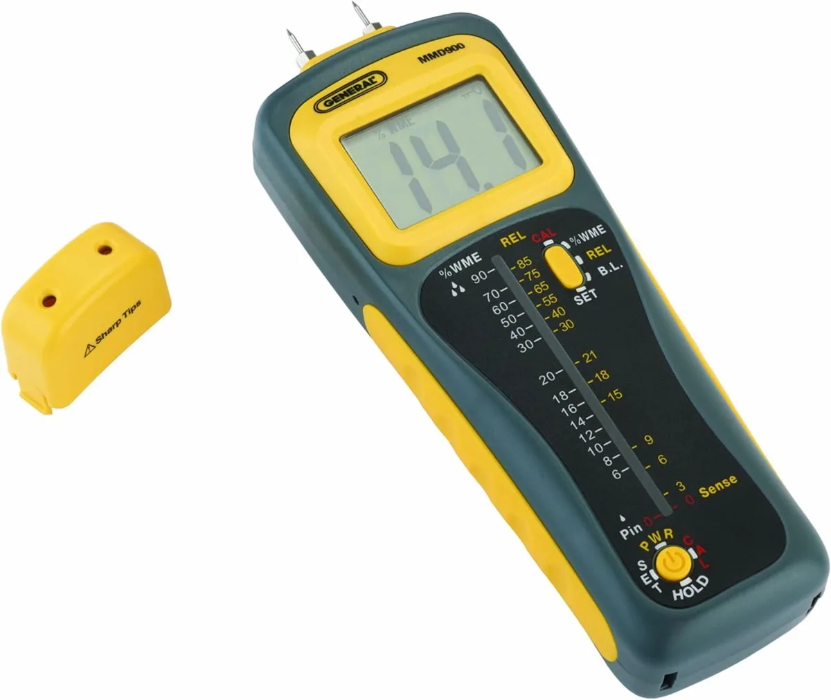 Handheld moisture meter MMD900 with dual pins on top, pinless sensor on back, rubber side grips