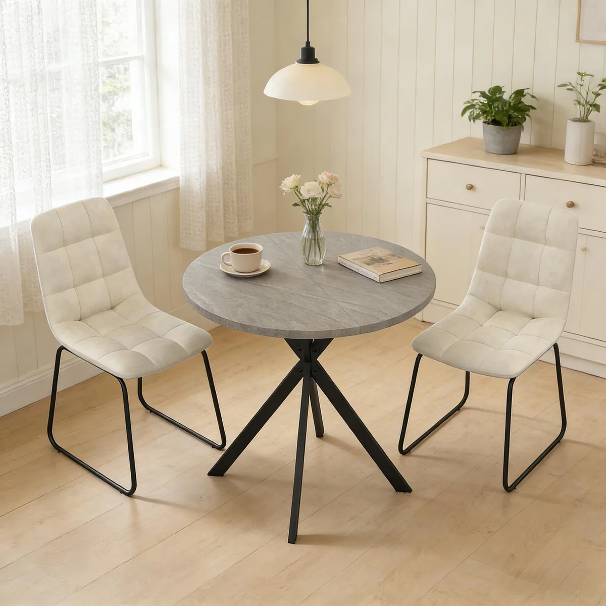 domusdisn domusdisn 31.5" Round Dining Table &amp; 2 Chairs Gray Table Brown Chairs — product photo