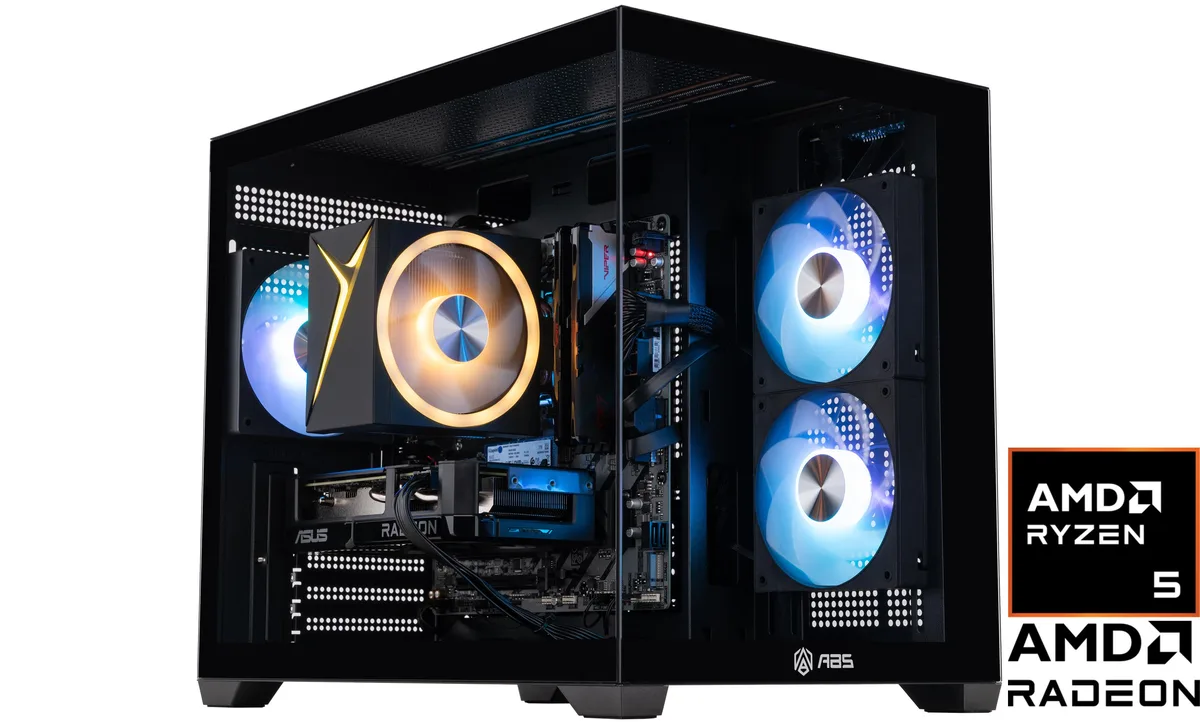 ABS ABS FIIR9600X9060XT gaming PC Ryzen 5 9600X Radeon RX 9060 XT 16GB 32GB DDR5 1TB SSD — product photo