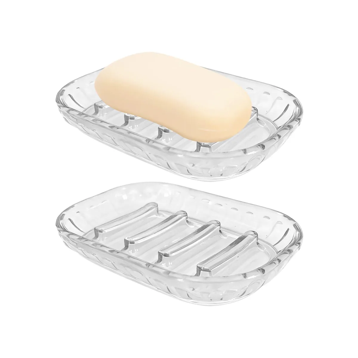 Two white rectangular plastic soap dishes with slotted drainage ridges, 5.1 by 3.5 by .8 inches