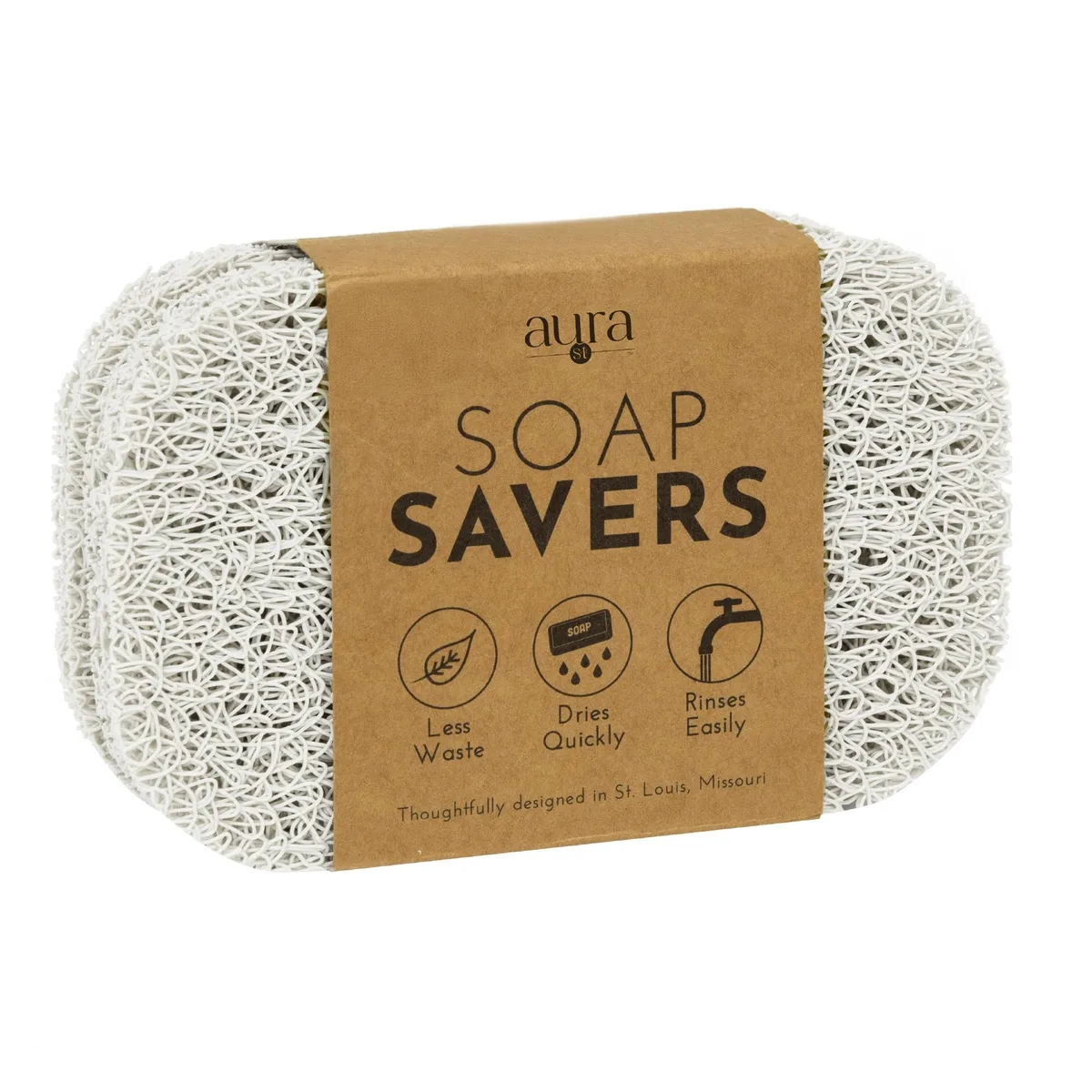 Four white rectangular PVC soap saver pads 2.9 by 4.4 inches