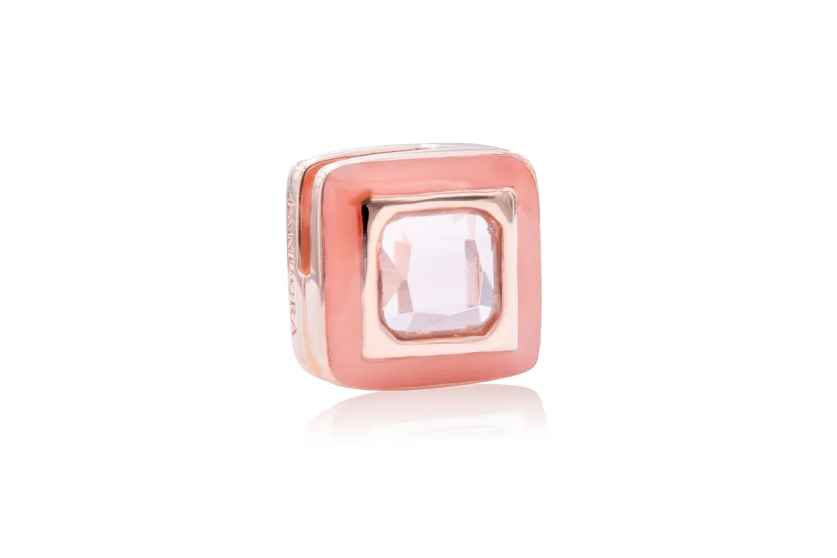 Square Pandora Rose clip charm with octagon pink crystal and dusty pink enamel