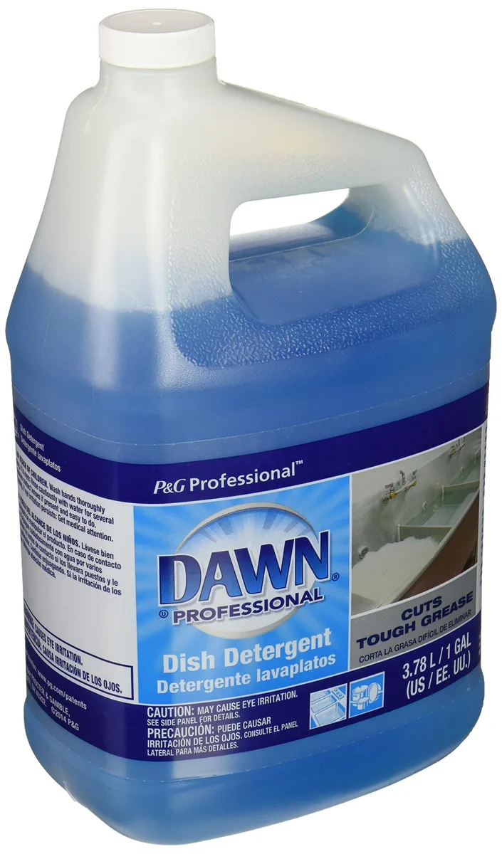 White plastic jug with blue cap and yellow Dawn label, one gallon liquid concentrate