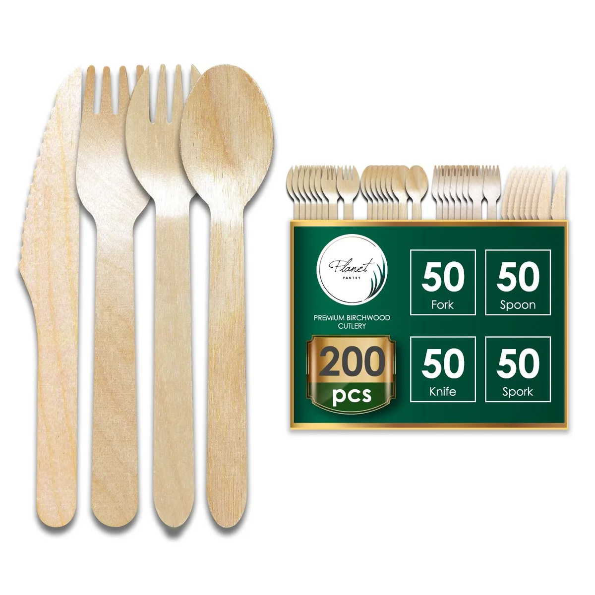 Planet Pantry Planet Pantry Disposable Birchwood Cutlery Set Fork Spoon Knife Spork 50 pcs each — product photo