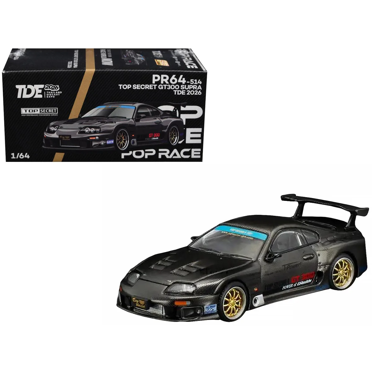 Pop Race Pop Race Toyota Supra Top Secret GT300 RHD Black Carbon Thailand Diecast Expo 2026 1/64 Hobby Collectible — product photo