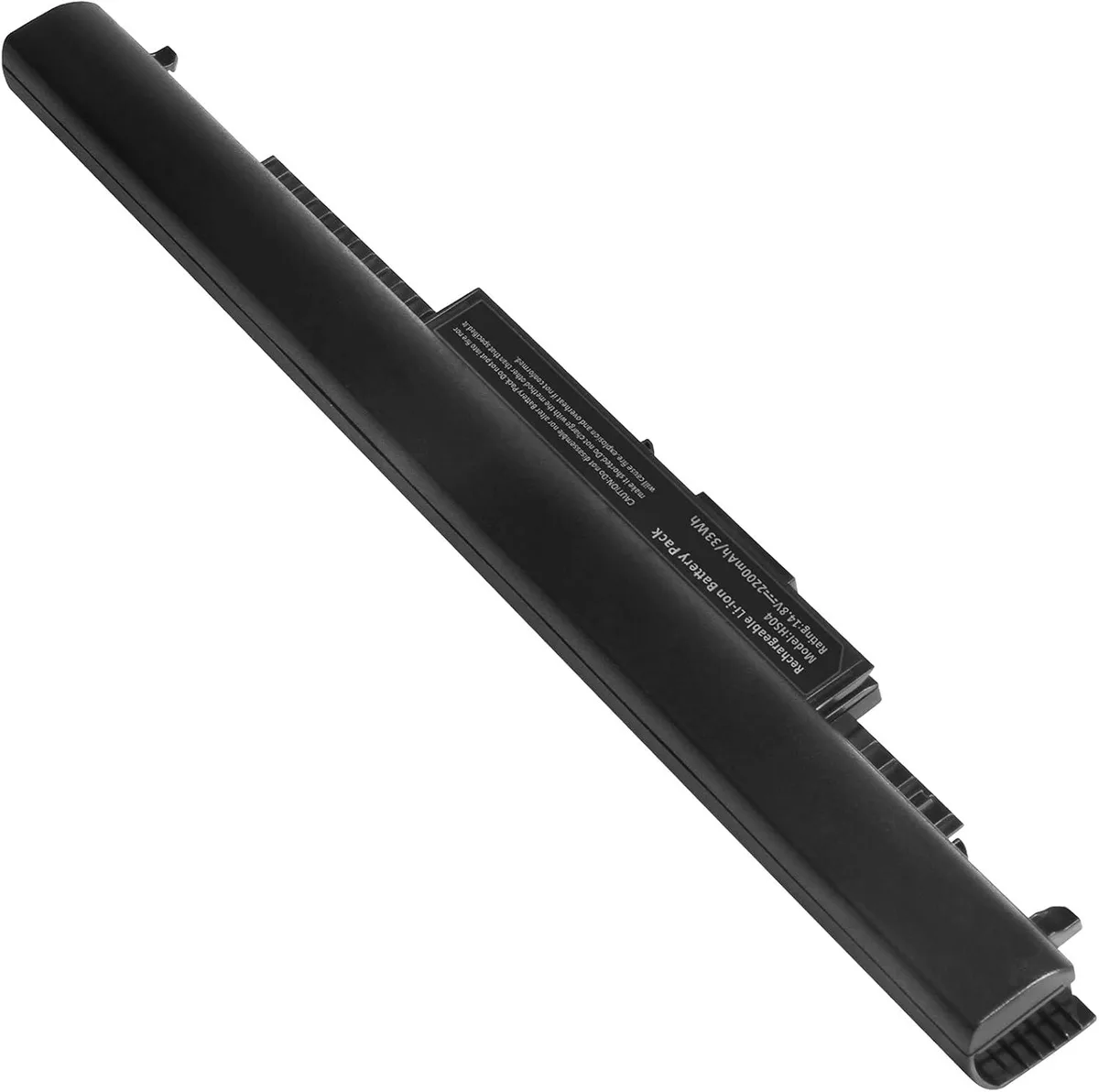 Rectangular black lithium-ion laptop battery with four cells and connector pins