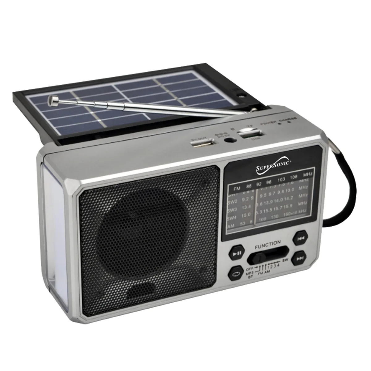 SUPERSONIC SUPERSONIC SC-1180BTSLV SolarWave Radio Bluetooth 6.0 AM/FM/SW1-4 Solar USB-C LED Flashlight Silver — product photo