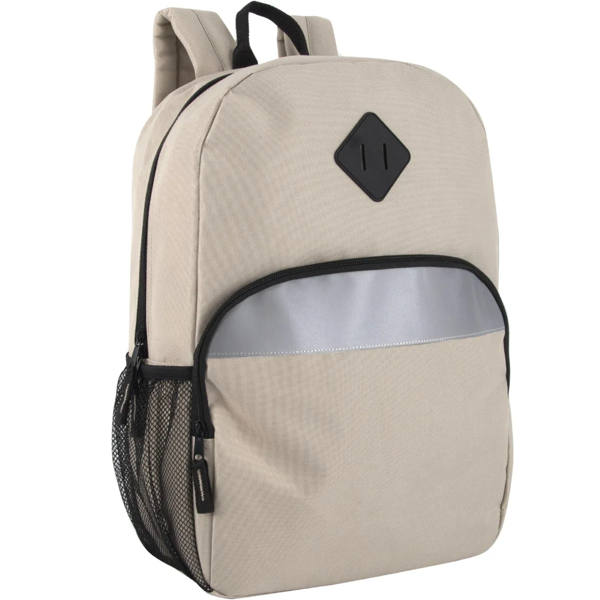 Khaki 17-inch polyester backpack with reflective strip and mesh side pockets
