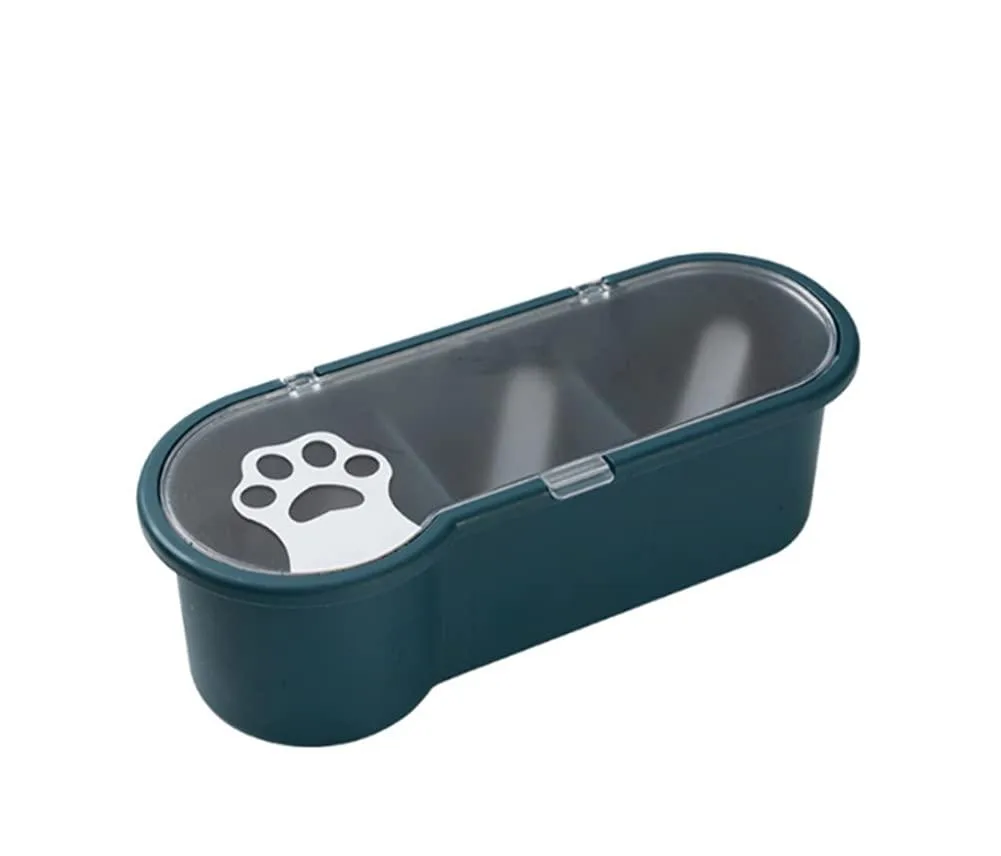 Red three-compartment spice container with lid and spoons, 25 by 10 by 7.7 cm