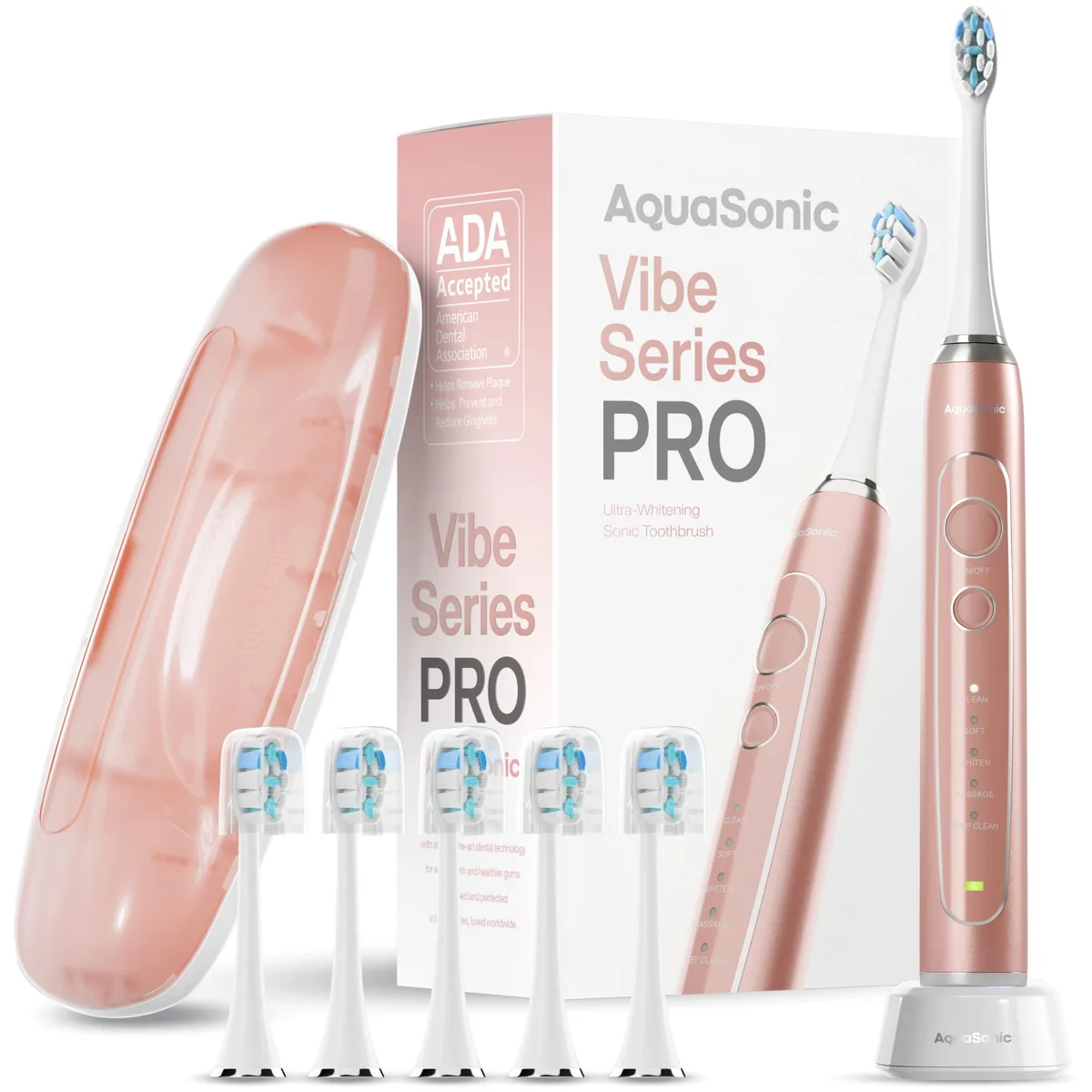 Rose gold electric toothbrush with satin-touch handle, wireless charging base, travel case and six brush heads