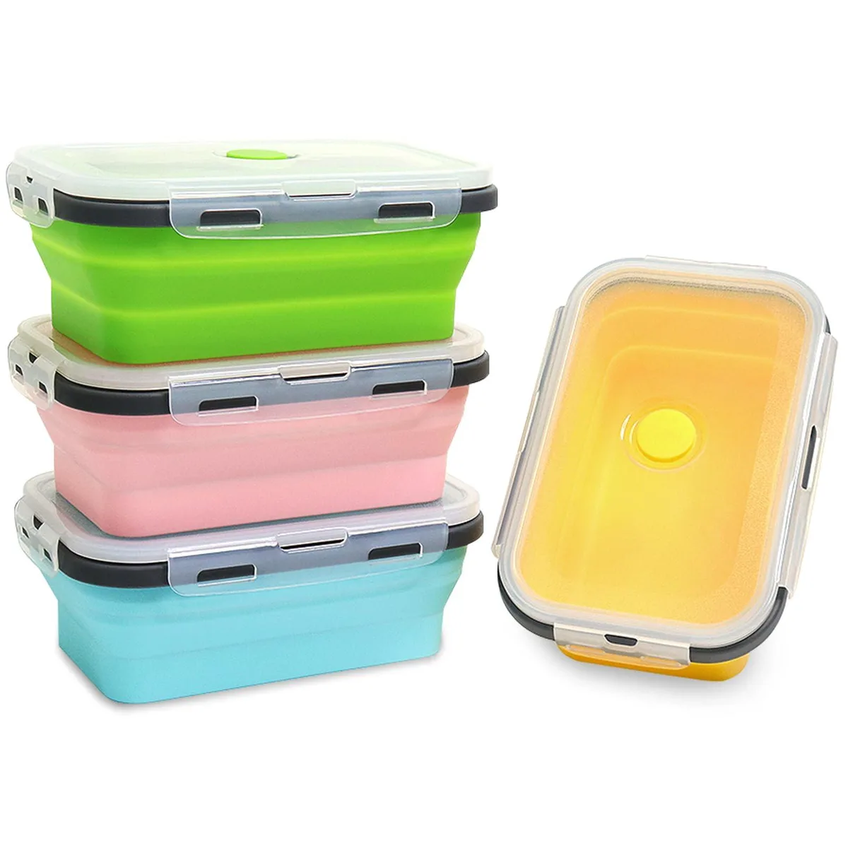 Four collapsed red silicone food containers with plastic lids and buckles