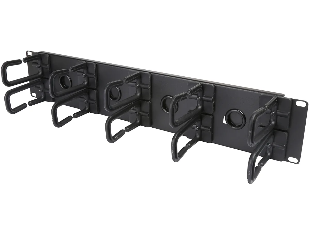 Black 19-inch 2U horizontal cable manager with flexible rings