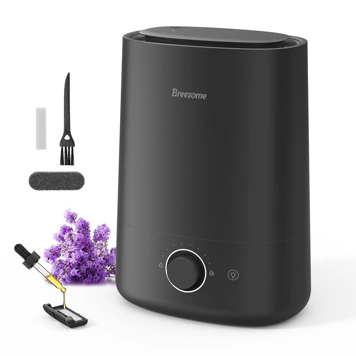 Black rectangular ultrasonic humidifier with 360° nozzle and top-fill tank
