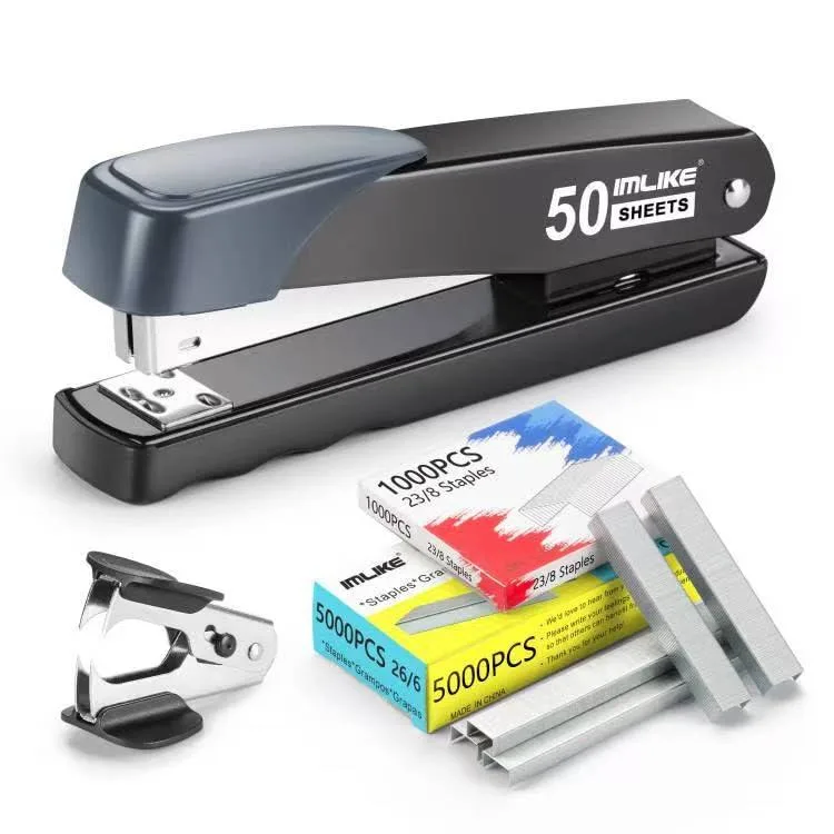 Black metal manual stapler kit with remover and staples