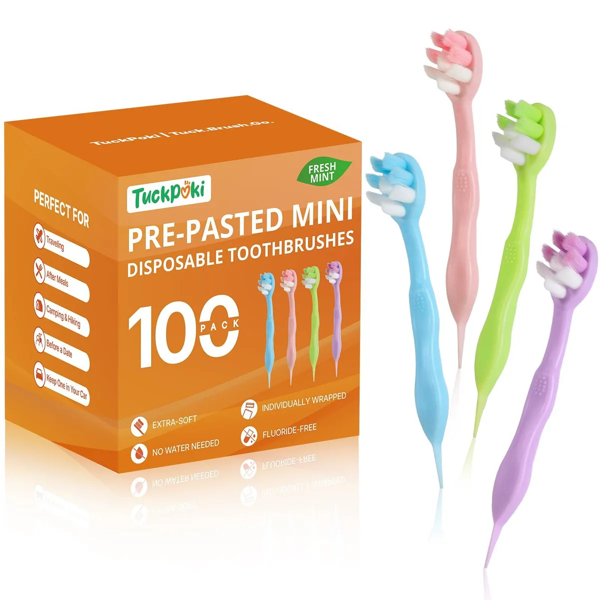 Box of 100 prepasted mini toothbrushes in multicolour wrappers
