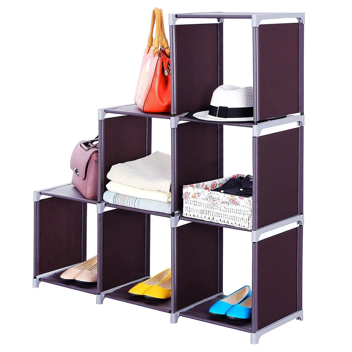Six-cube dark brown storage rack staircase organizer