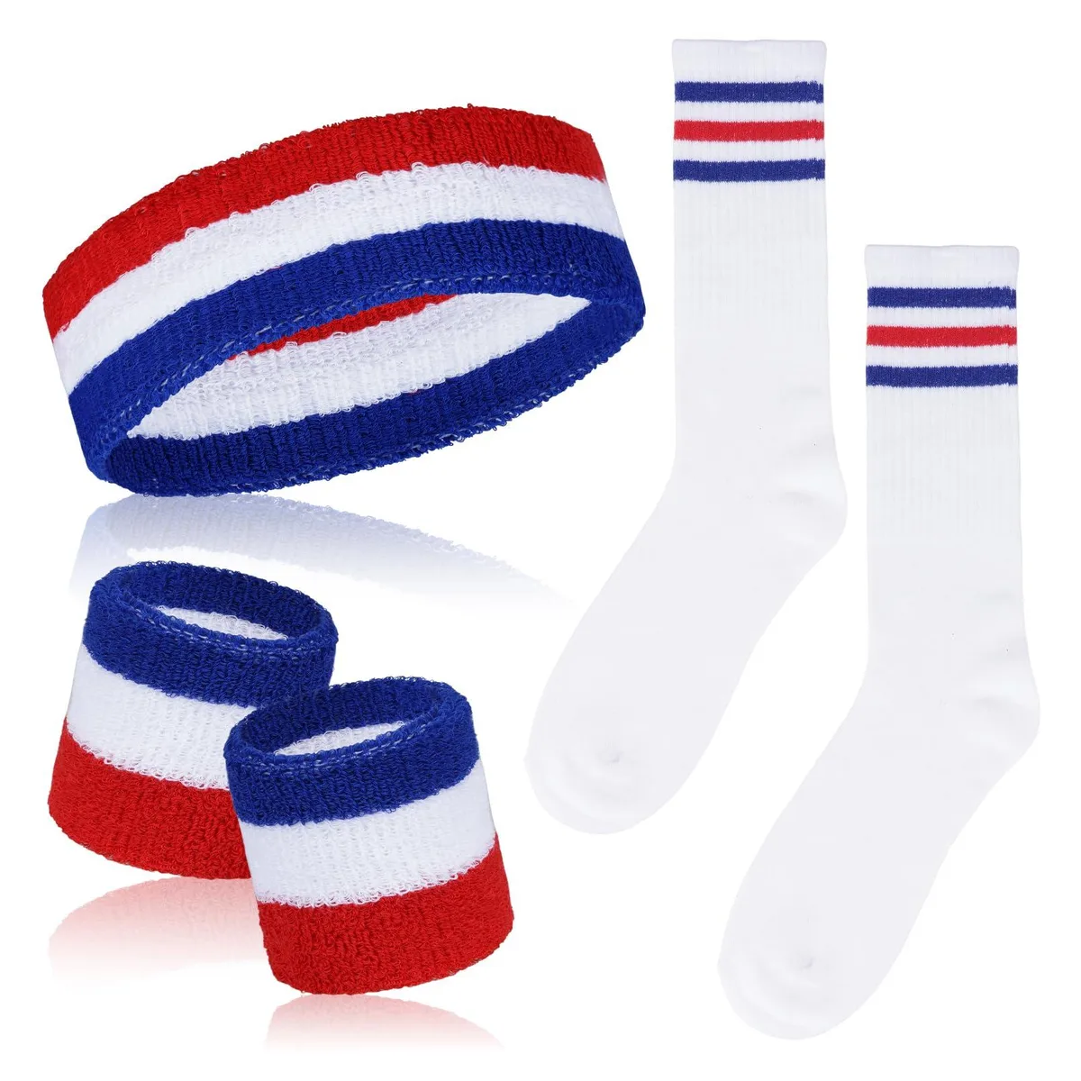  Hmxpls 5Pcs Sports Headband Wristband Striped Socks Set Red White Blue — product photo