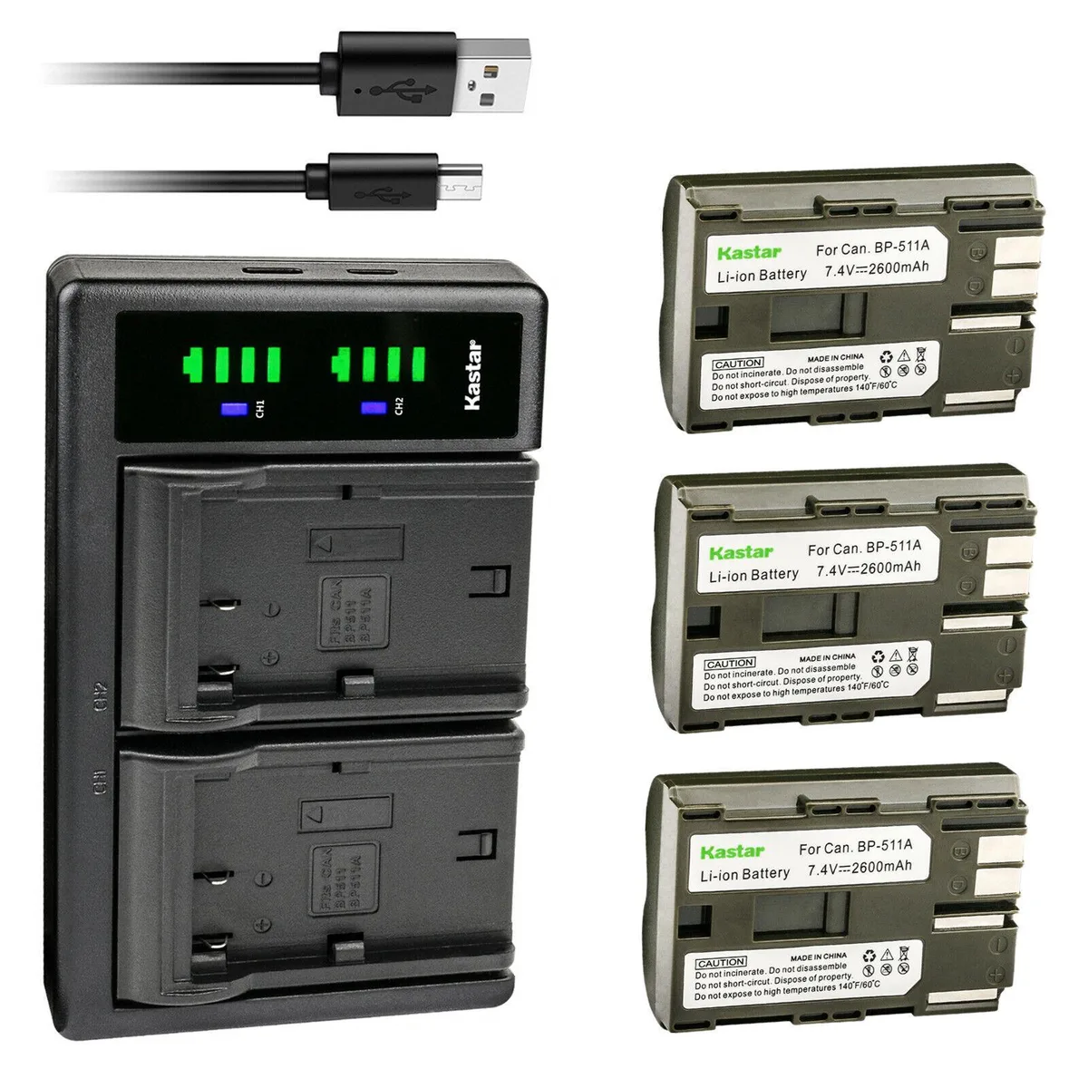 Kastar Kastar 3-pack BP-511/BP-511A 2600 mAh batteries with LTD2 USB charger — product photo