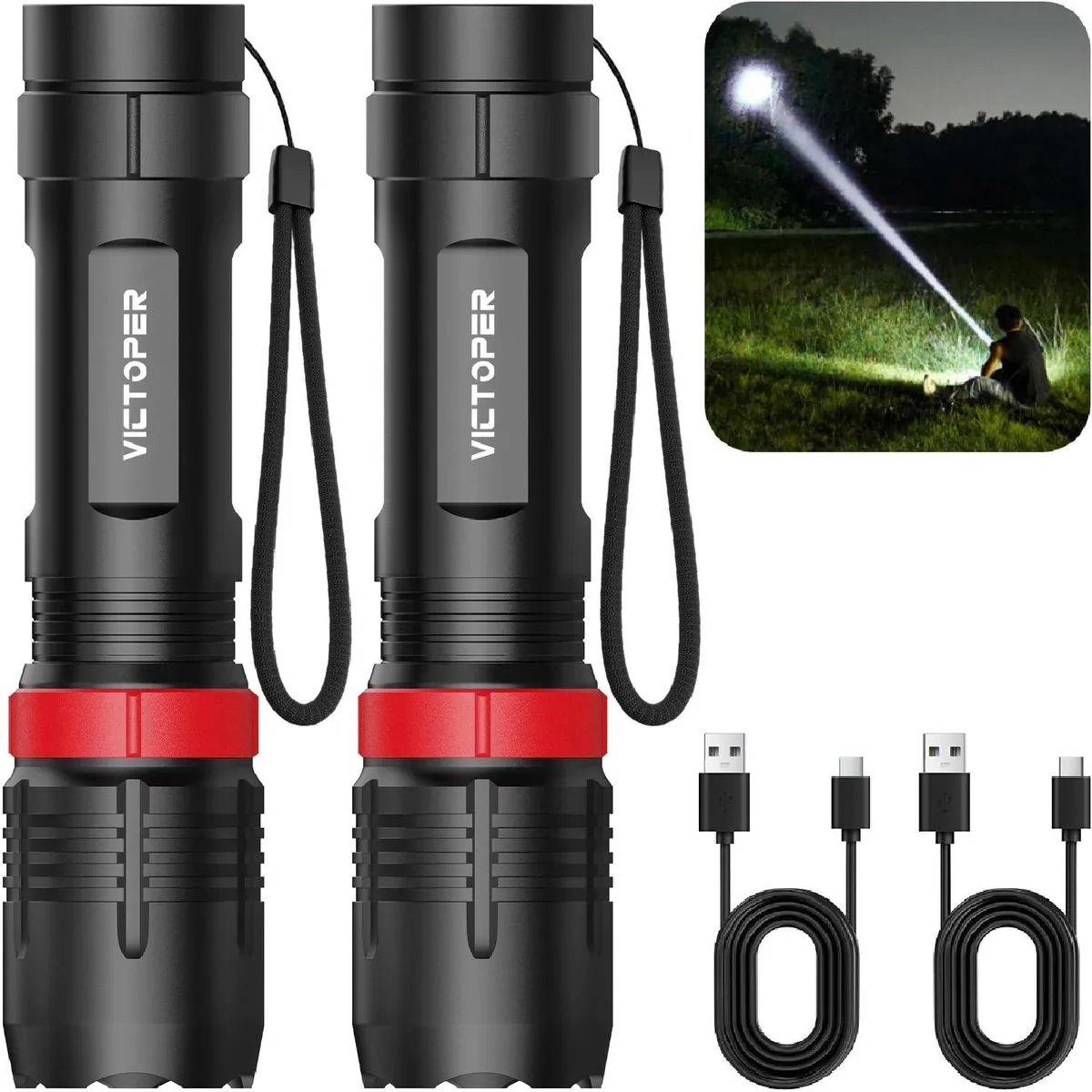 Two small rectangular aluminium flashlights with textured grip and USB ports