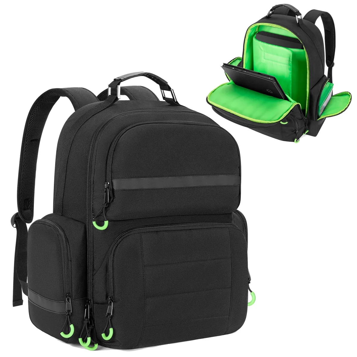 Green nylon backpack with padded console compartment and laptop sleeve