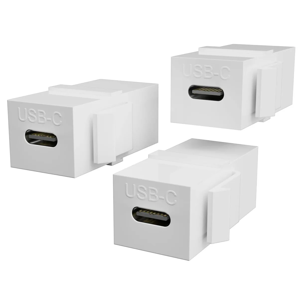 Three white USB-C keystone inserts, rectangular plastic bodies with female ports on both sides