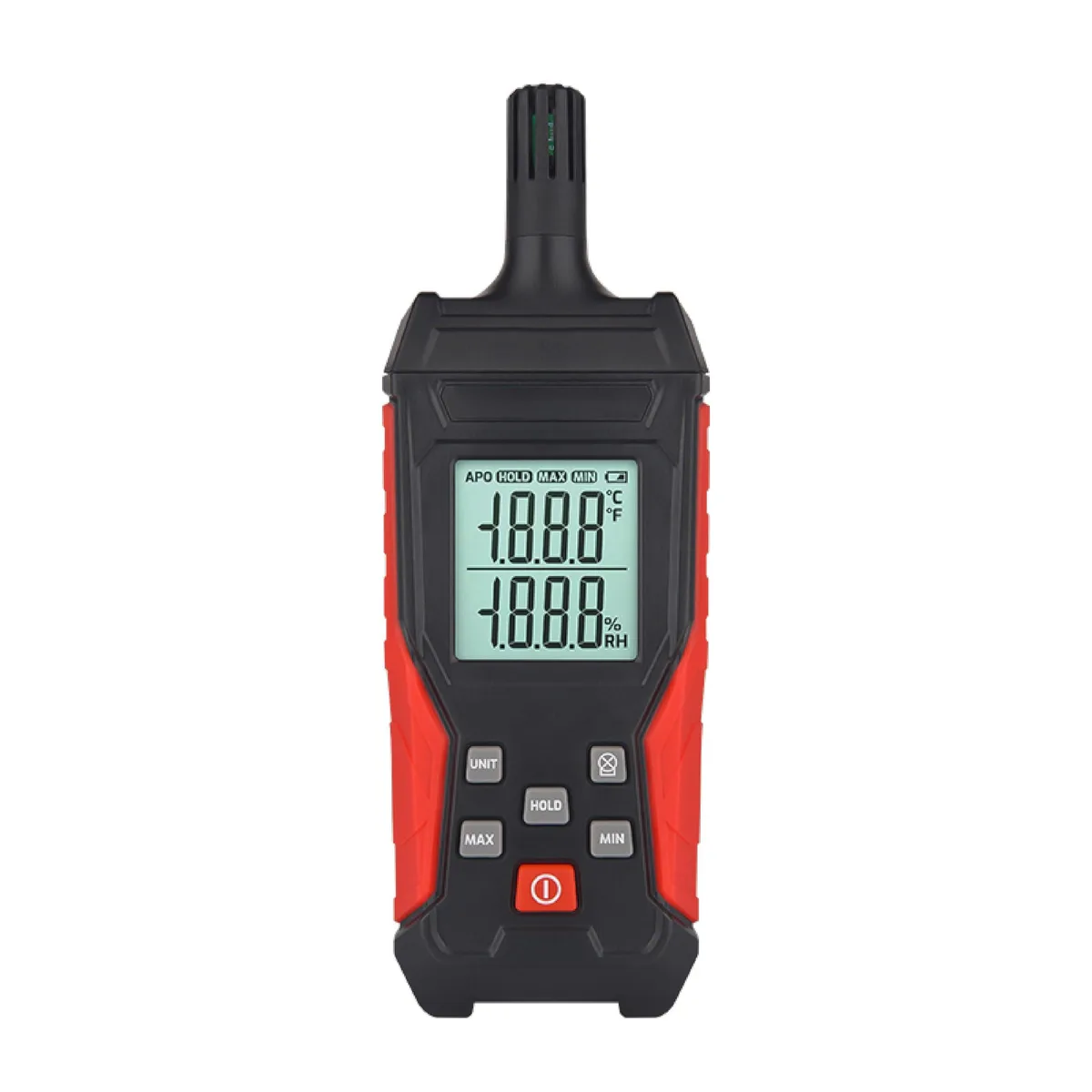 Red handheld digital thermometer hygrometer with LCD backlight screen