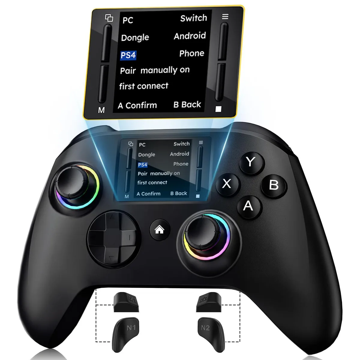 Black wireless game controller with 1.75-inch LCD screen