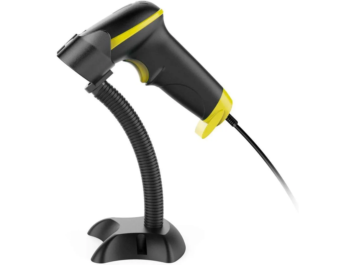 Black handheld laser barcode scanner with USB cable on 360 degree revolving stand