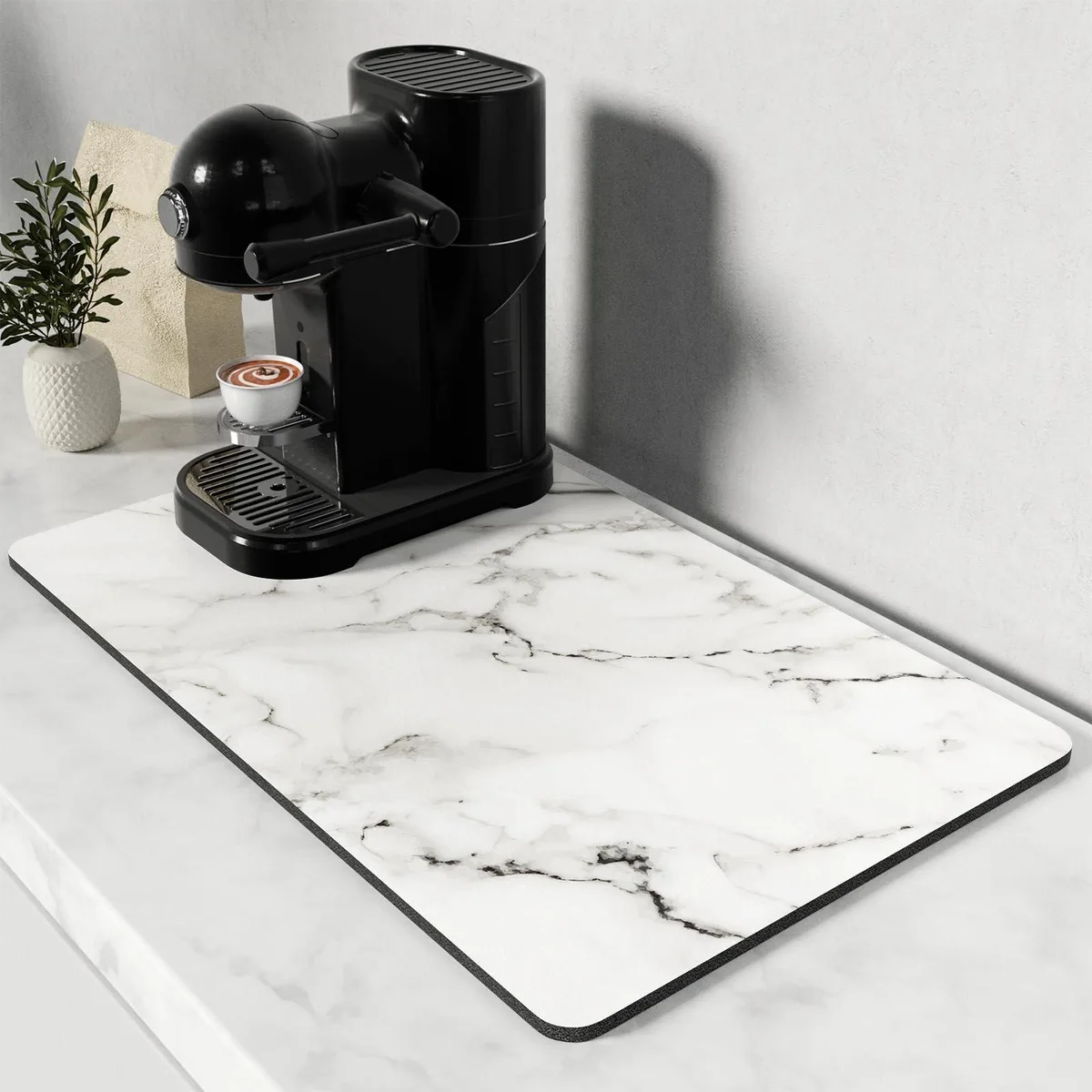 White marble-patterned coffee mat 12 by 19 inches suede top rubber backing