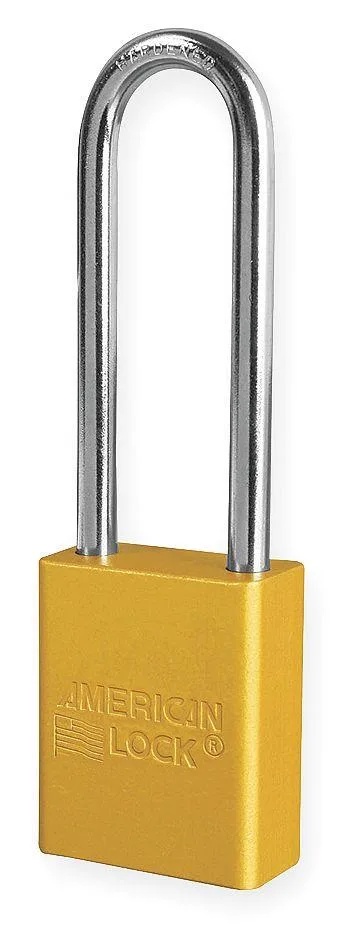 Yellow anodized aluminum padlock with extended boron alloy shackle