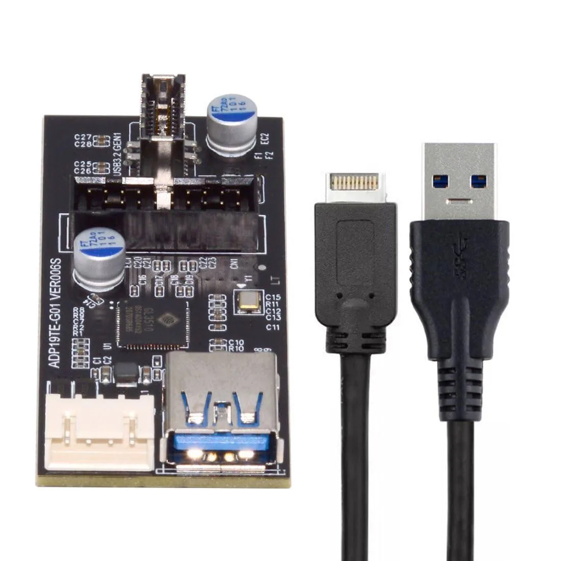 A small USB 3.1 Type E to USB 3.0 19/20 pin adapter board with a SATA power cable attached