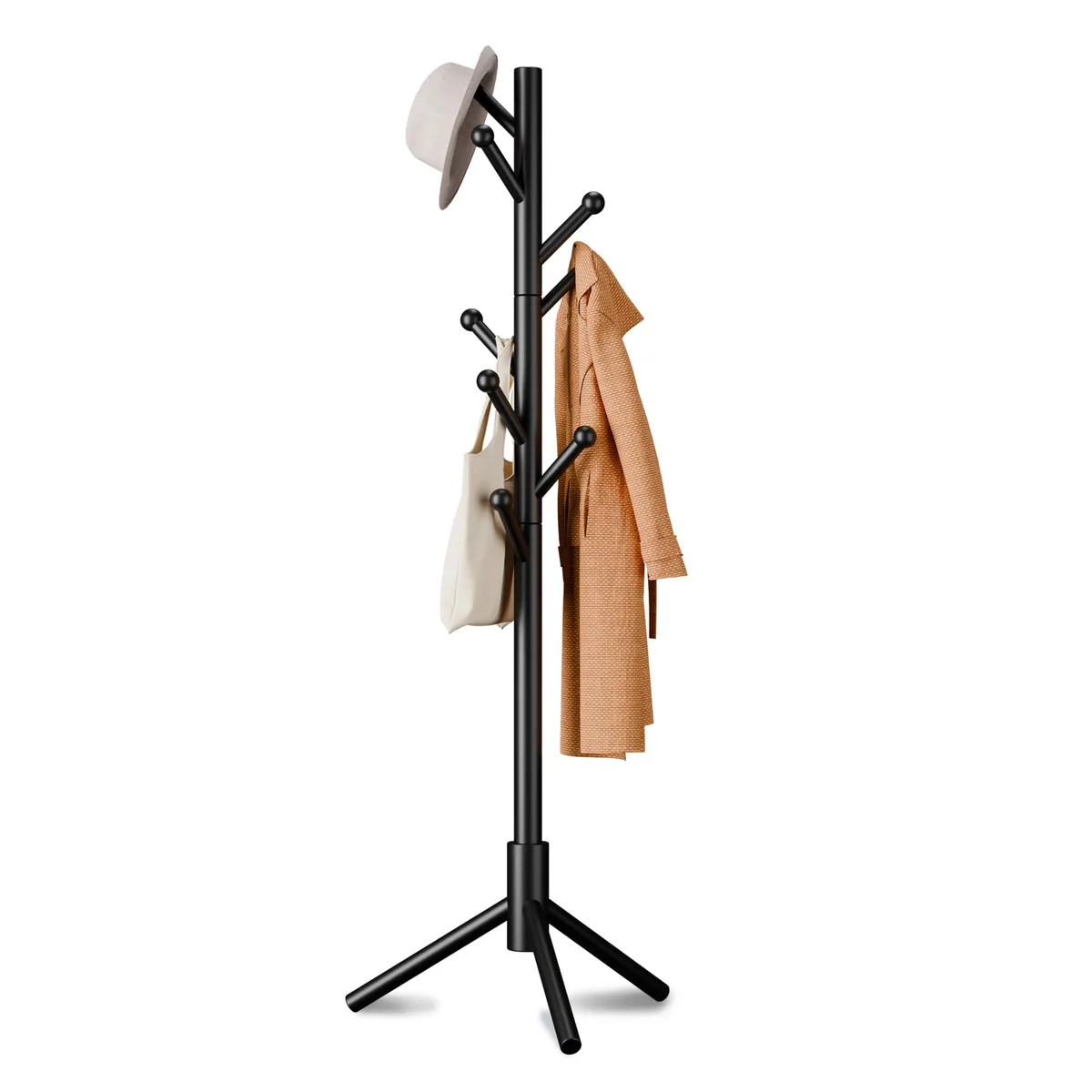 Freestanding coat rack with eight round hooks on a black triangular base