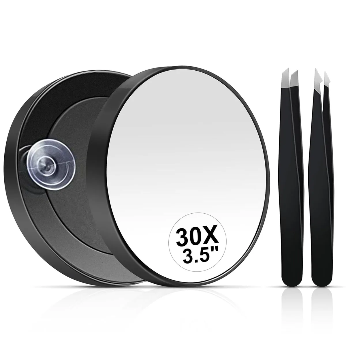 Round 3.5-inch black ABS mirror with two suction cups and stainless steel tweezers